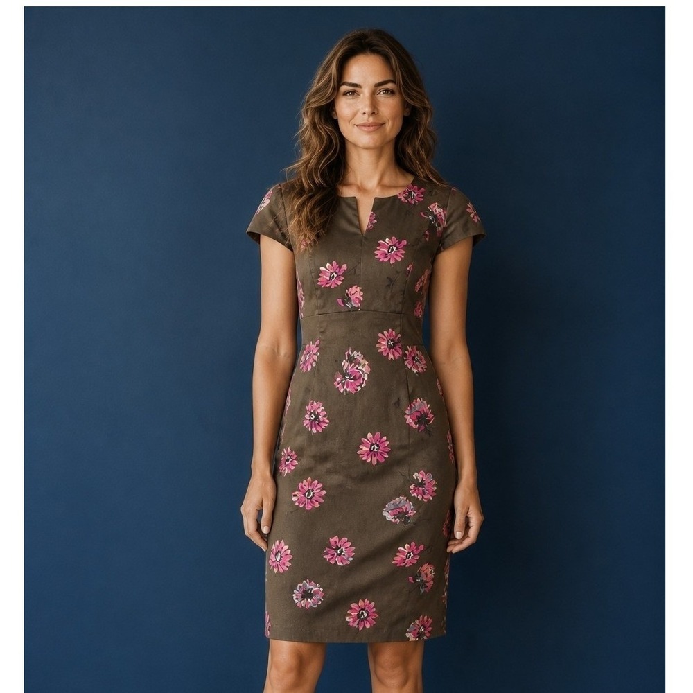 Olive Brown Pink Floral Cap Sleeve Notched Neck Sheath Pencil Dress Womens